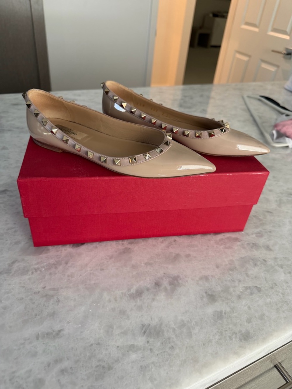 Valentino Rockstud Nude Patent Pointed Toe Studded Ballerina Flats 36
